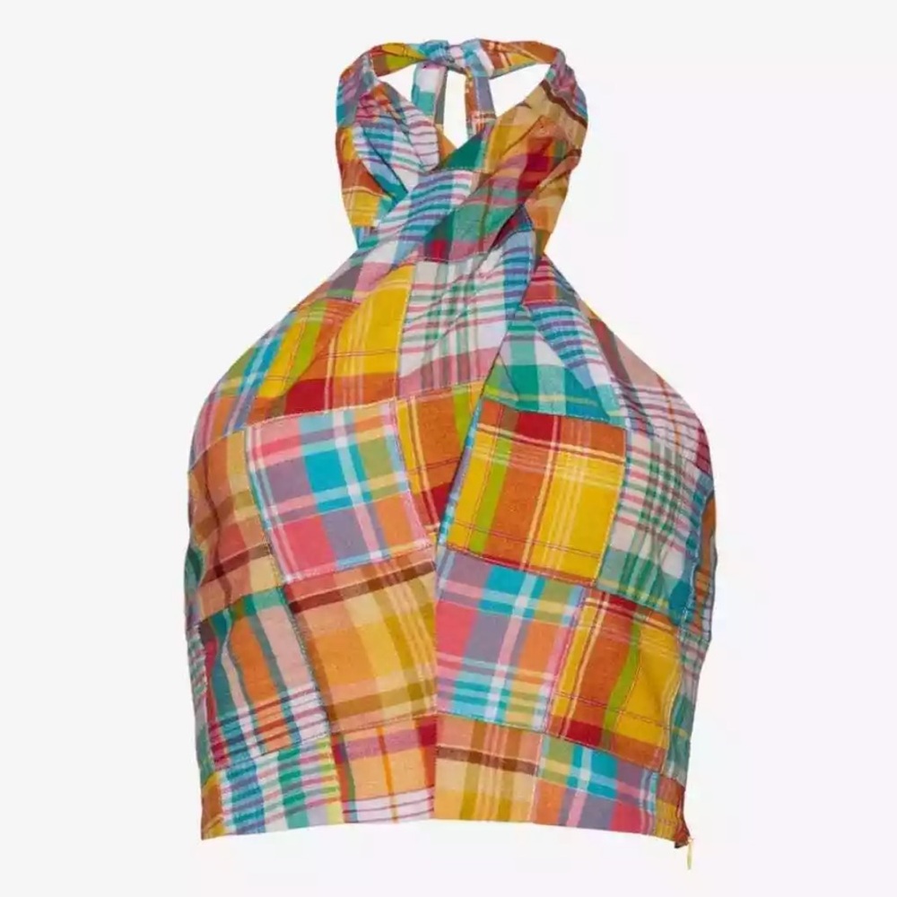 NWT STAUD X BIRKENSTOCK KAI PATCHWORK PLAID COTTON HALTER TOP- SIZE 00